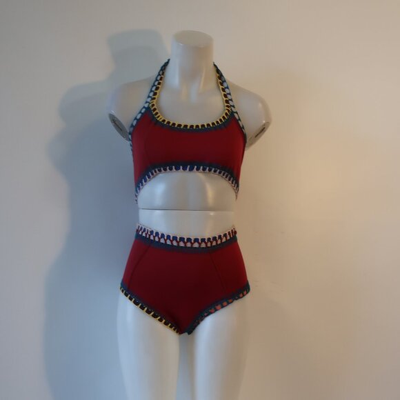 Womens Kiini Red, Blue Embroidered 2PC Swimsuit W/Boy Short Bottom M - Picture 1 of 5